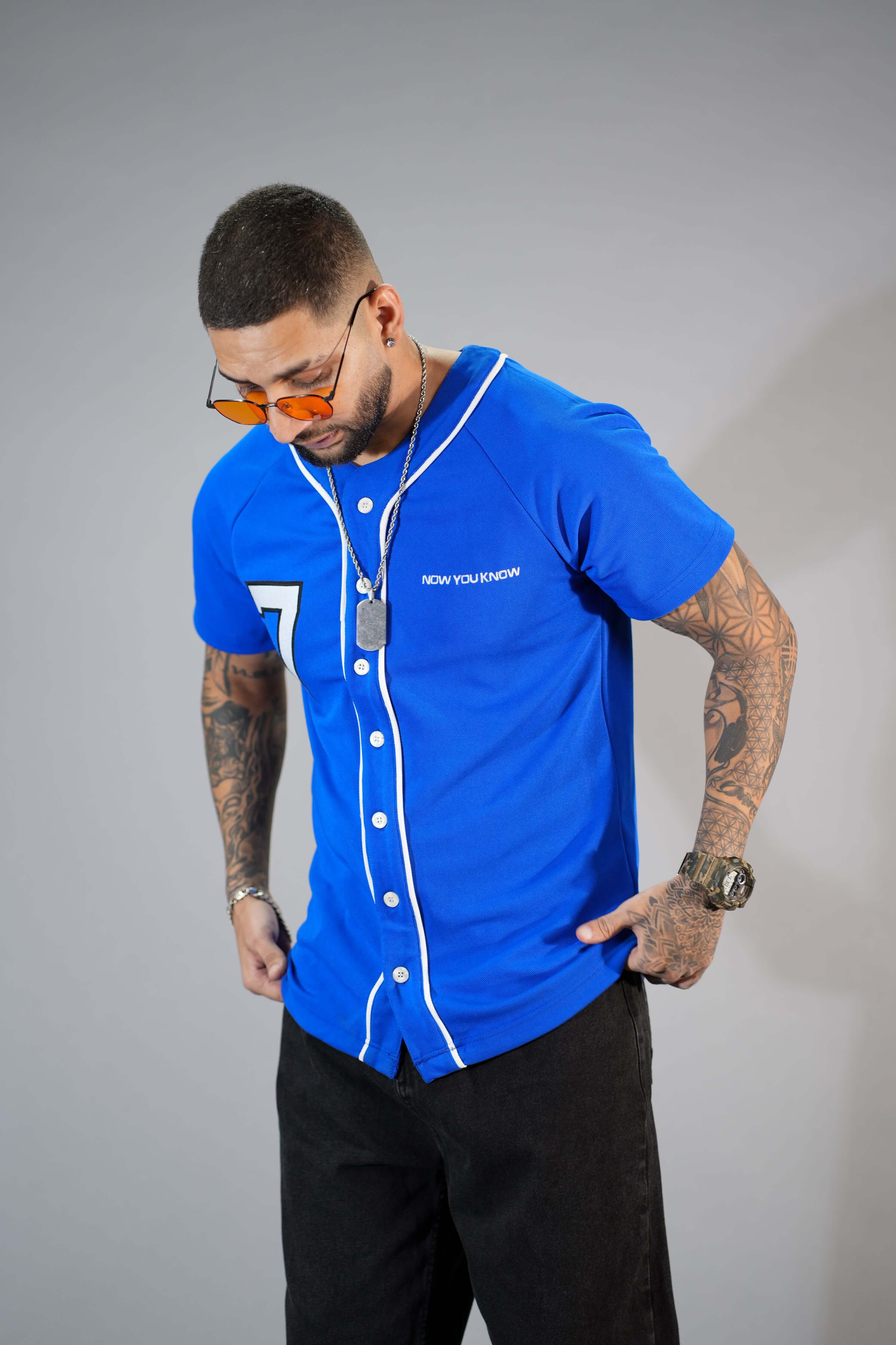 Blue Textured Comfortable Fit Baseball T-Shirt