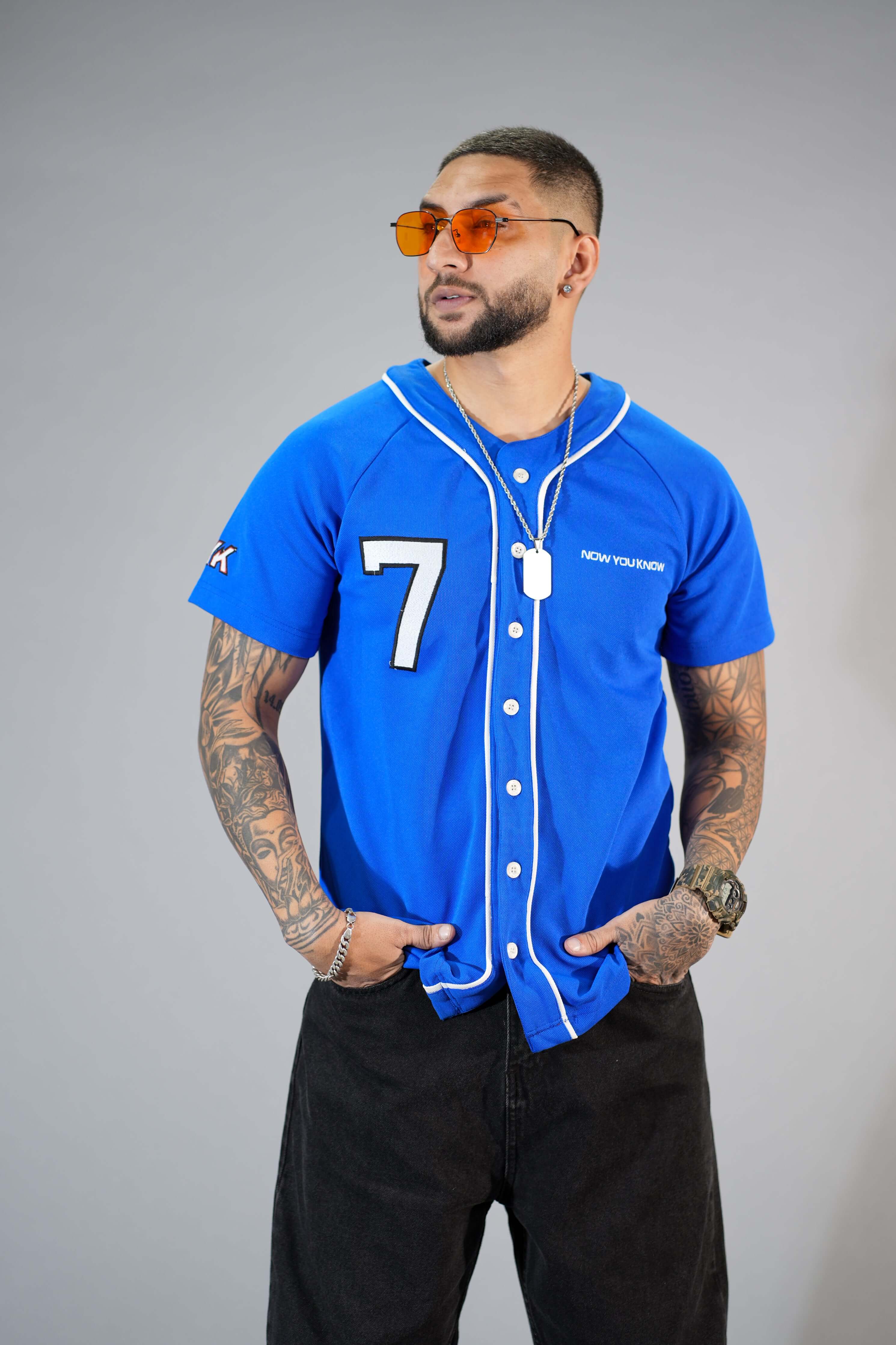 Blue Textured Comfortable Fit Baseball T-Shirt