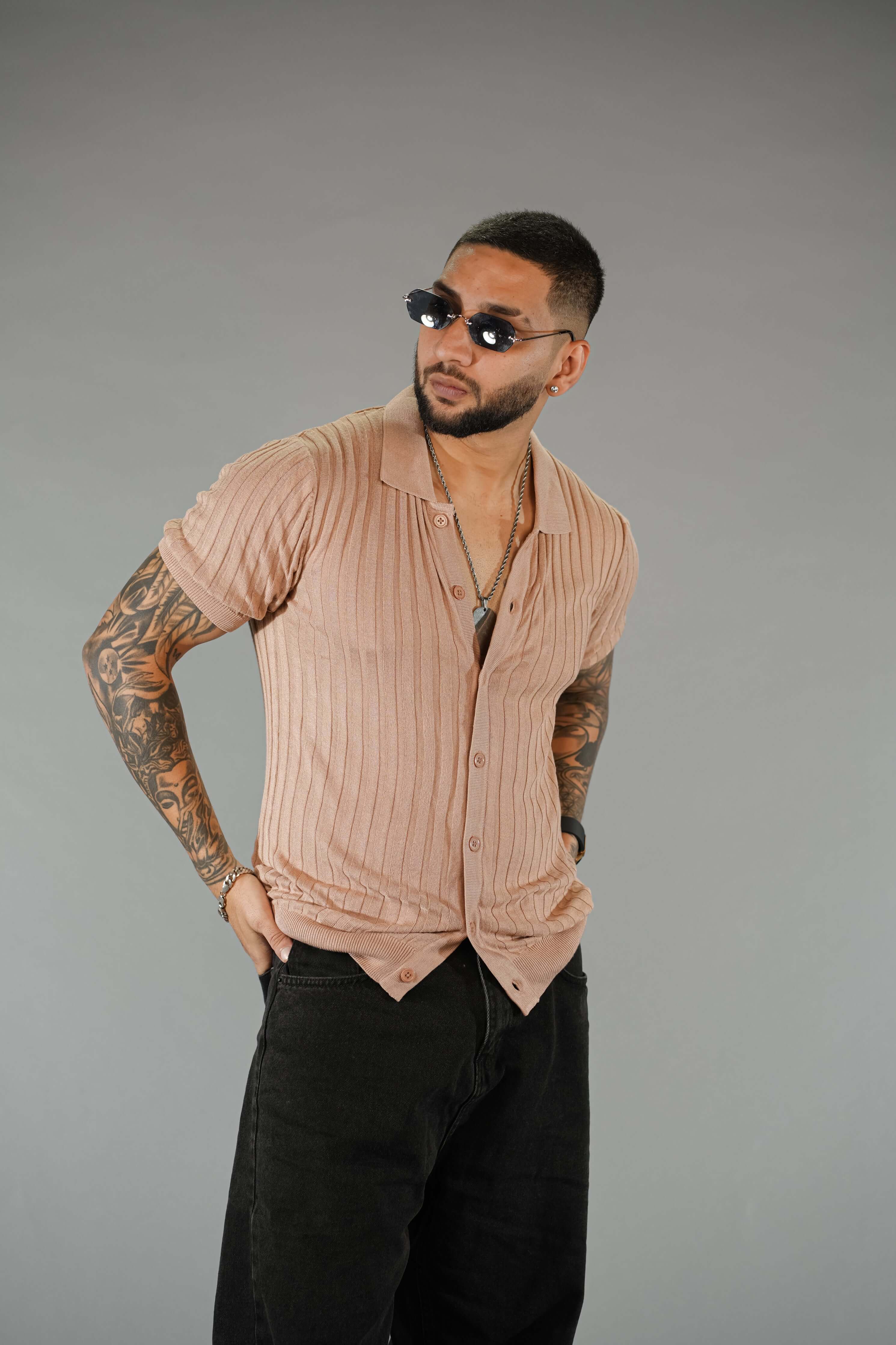 Beige Textured Comfortable Fit Polo T-Shirt