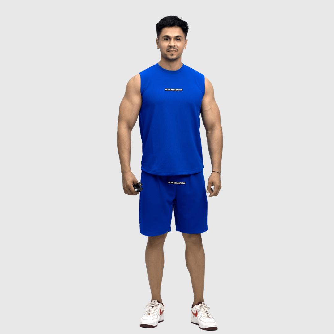 Blue Textured Comfortable Fit Sleeveless T-Shirt