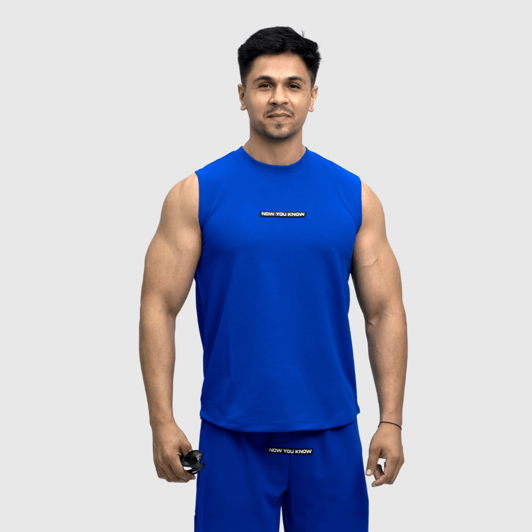 Blue Textured Comfortable Fit Sleeveless T-Shirt