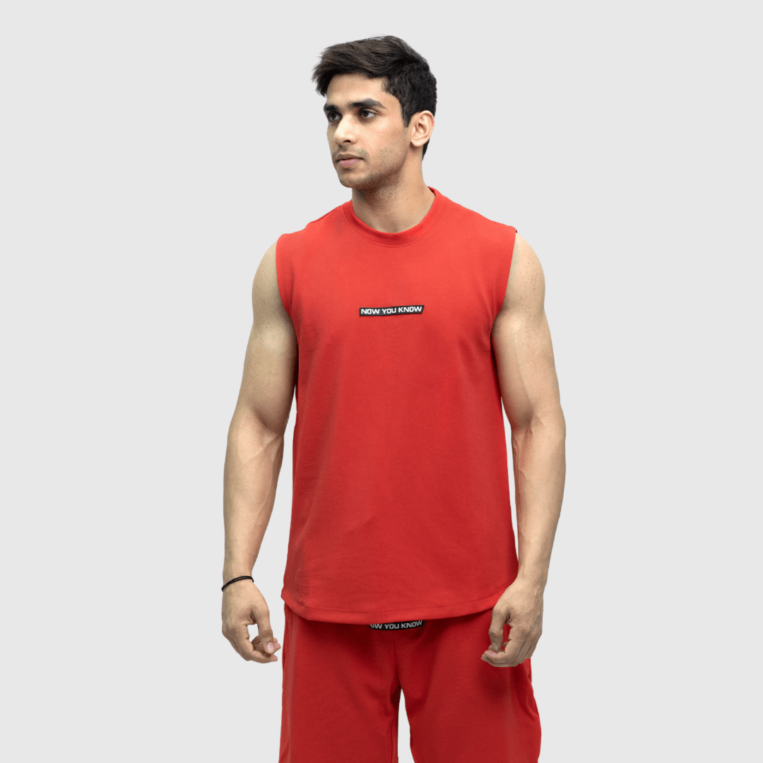 Red Textured Comfortable Fit Sleeveless T-Shirt