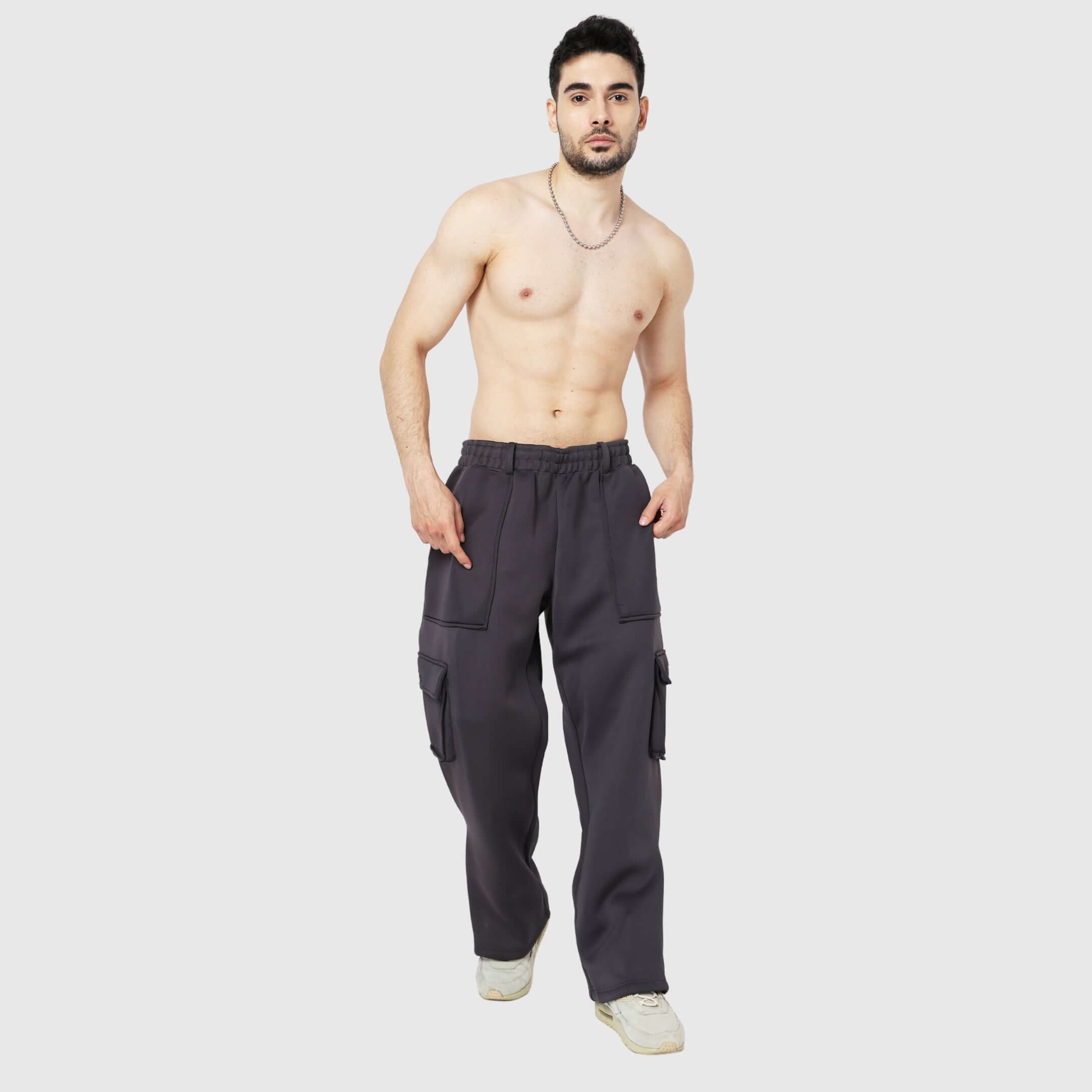 Grey Solid Straight Fit Cargo Pants
