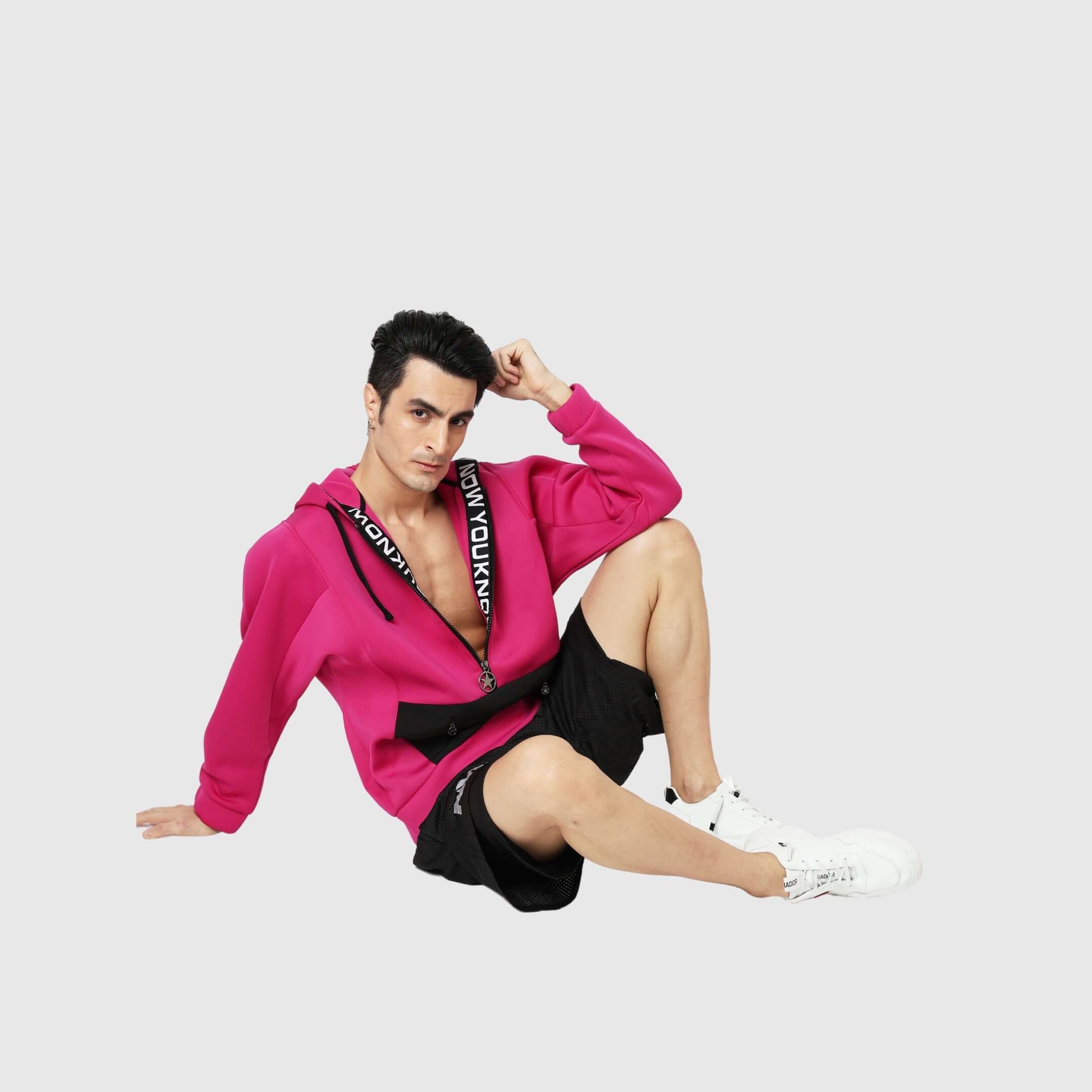 Hot Pink Solid Comfortable Fit Zipper Hoodie