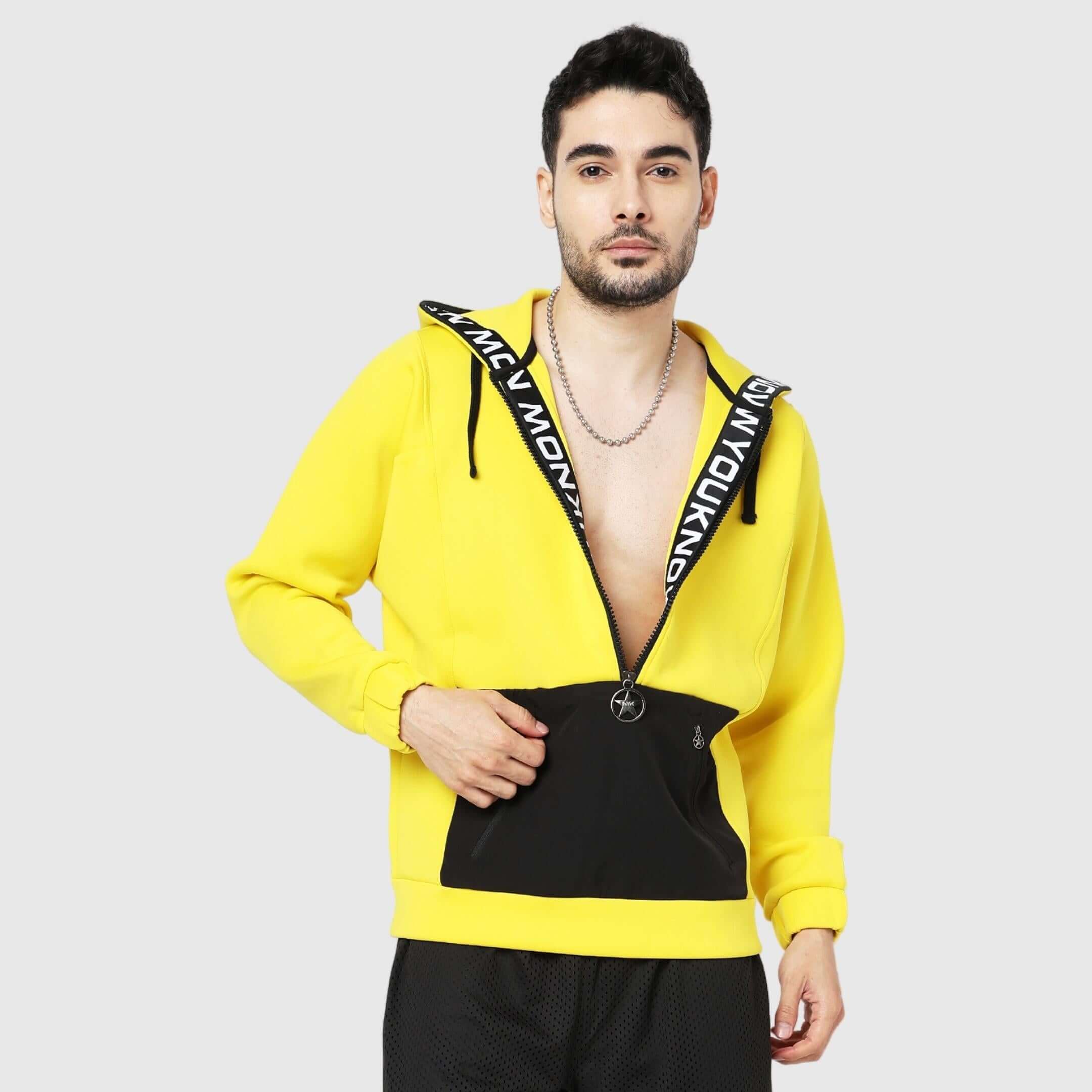 Yellow Solid Comfortable Fit Zipper Hoodie