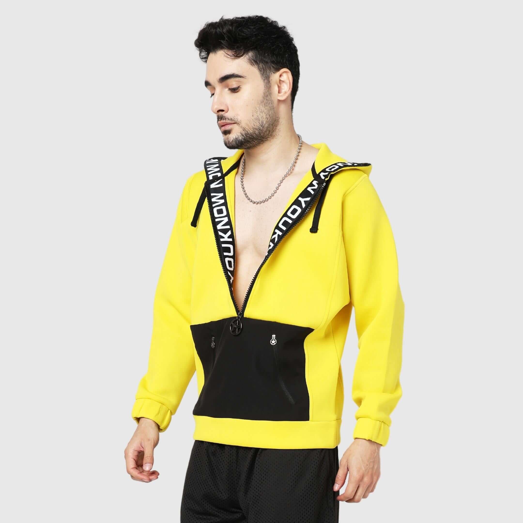 Yellow Solid Comfortable Fit Zipper Hoodie