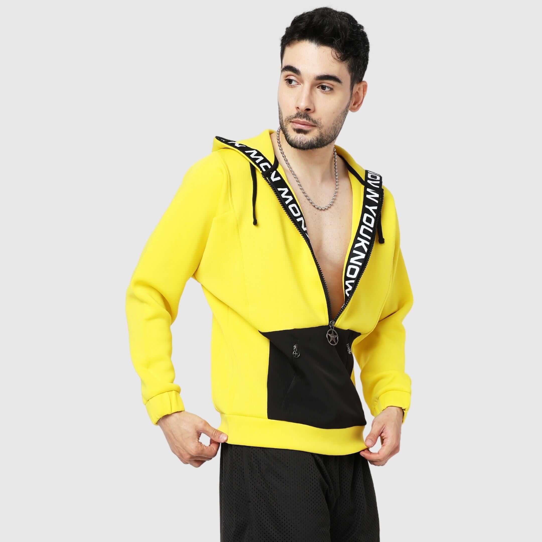 Yellow Solid Comfortable Fit Zipper Hoodie