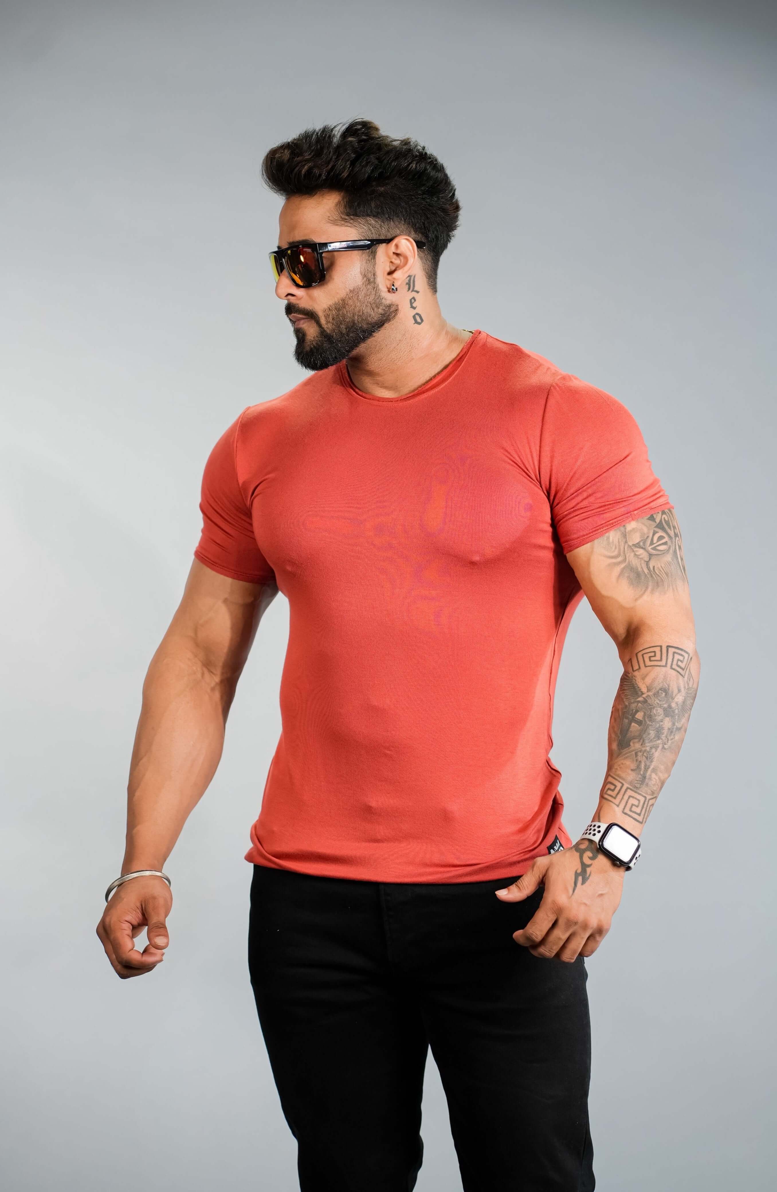 Orange Solid Slim Fit Stretchable T-Shirt