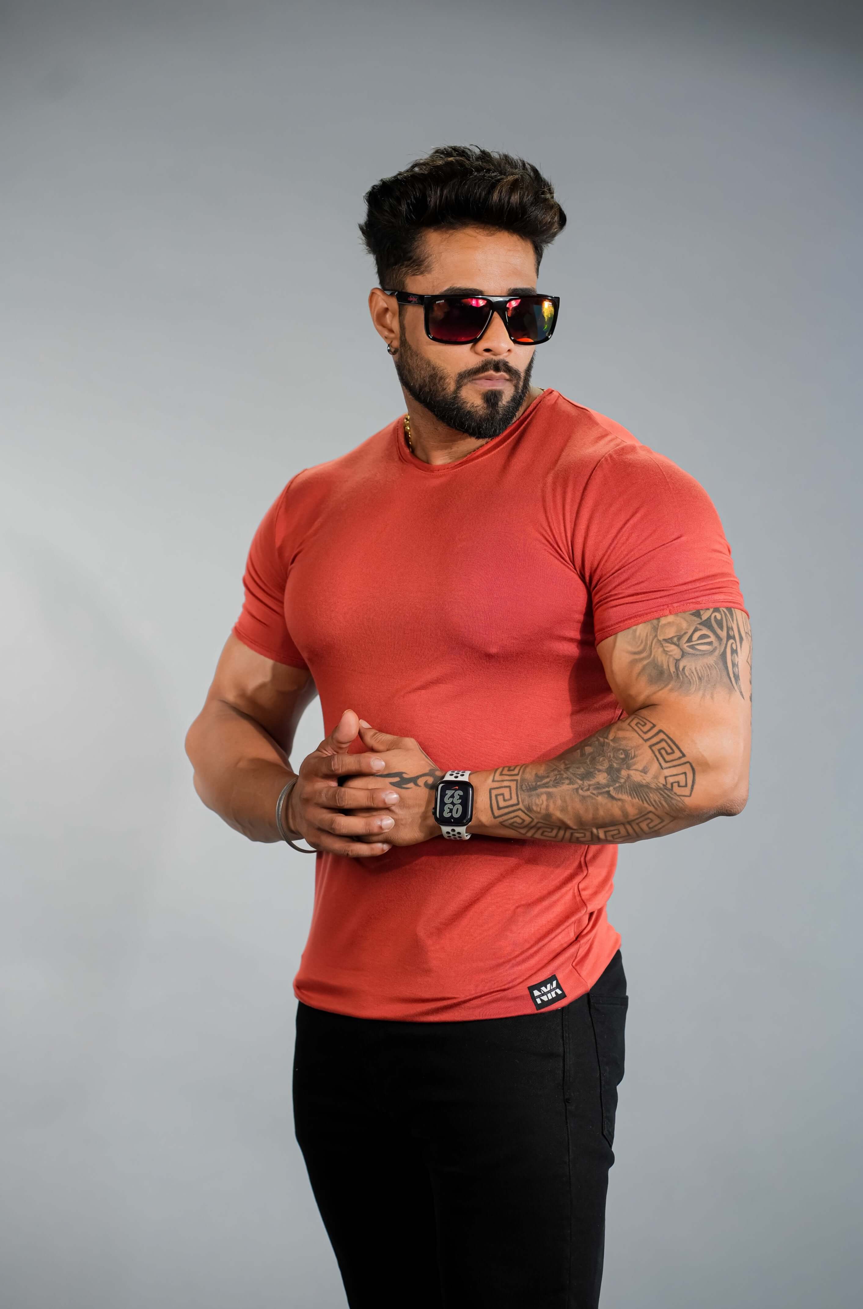 Orange Solid Slim Fit Stretchable T-Shirt