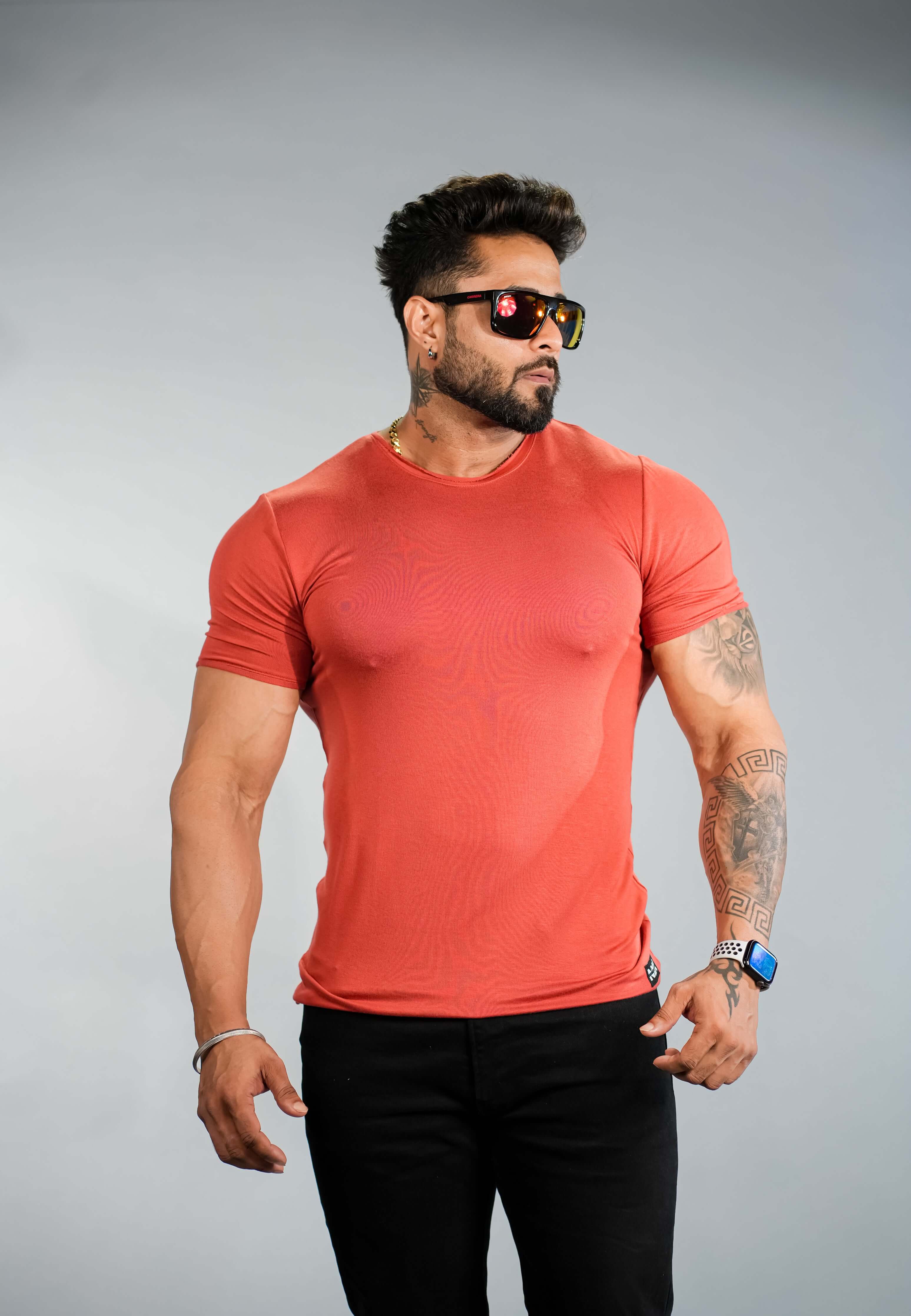 Orange Solid Slim Fit Stretchable T-Shirt